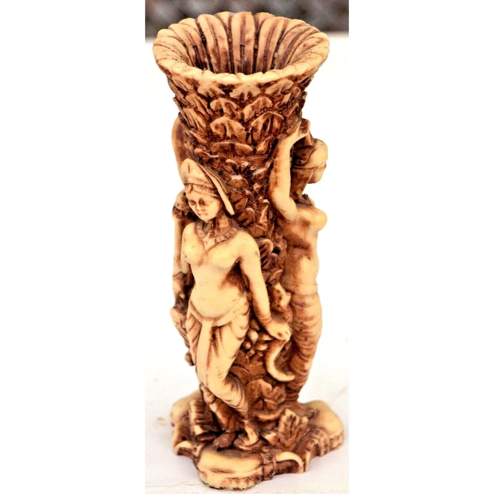 Carved Ethnic Art Vase Decorated in Plants Animals & Dancing Topless Ladies
